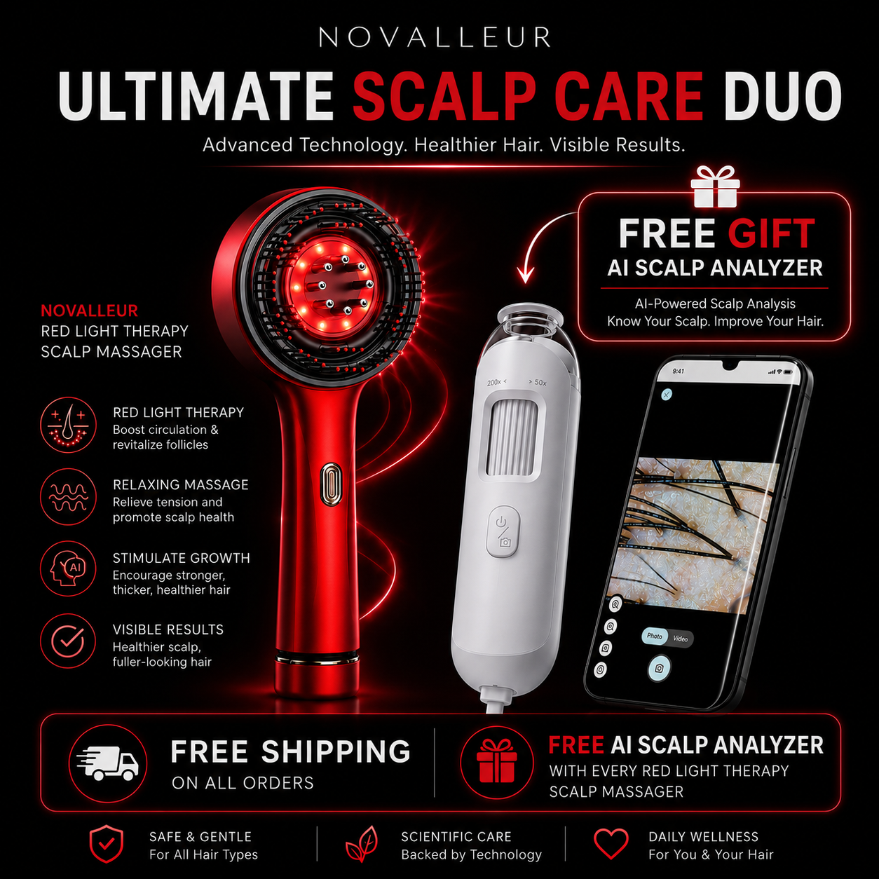 Novalleur™ 3-in-1 Red Light Scalp Massager & Oil Diffuser